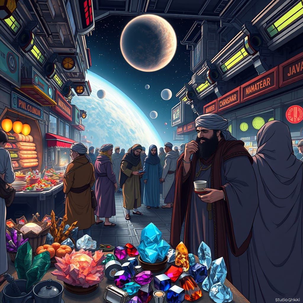 Bustling Space Station Marketplace in Anime Style