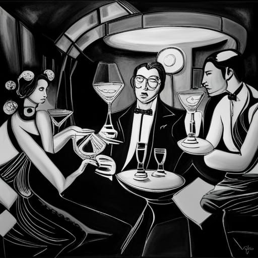 Wine Bottles and Dancers in Art Nouveau Style