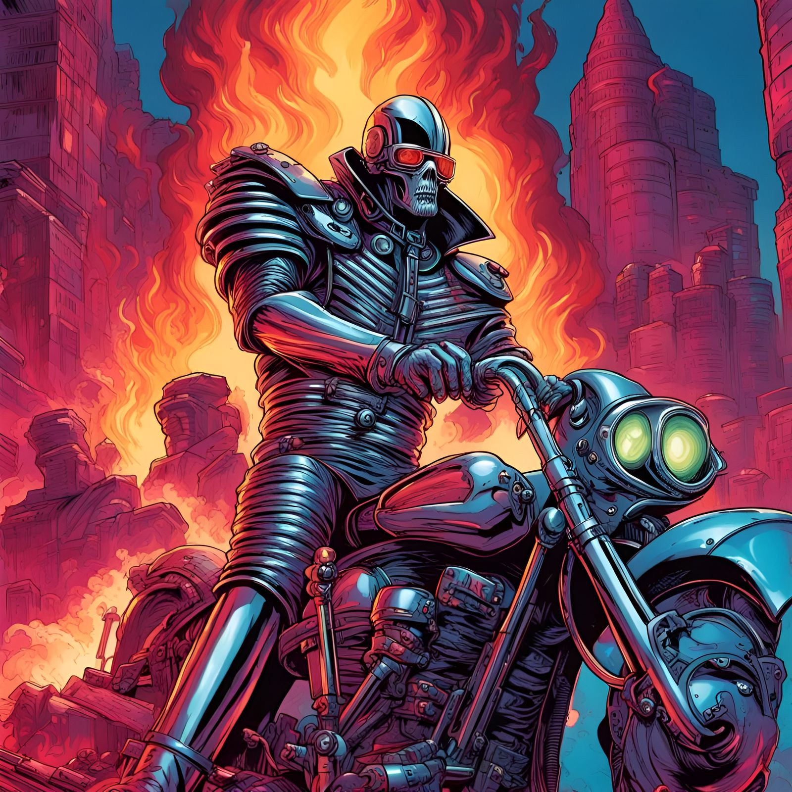 Chromed Humanoid Rides Metal Monster in Synthwave Style