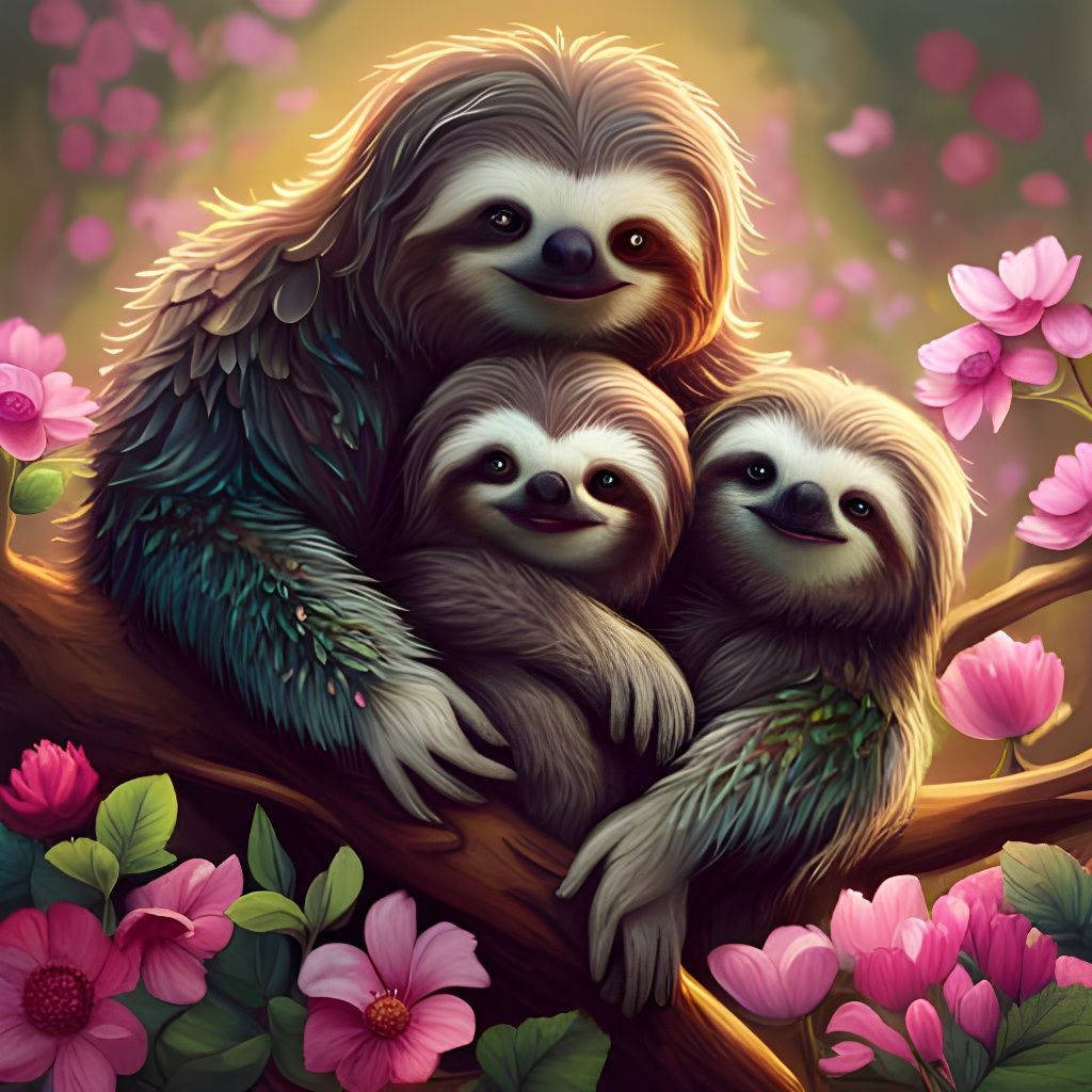 Cute Sloth Family Hugging in Flowery Tree