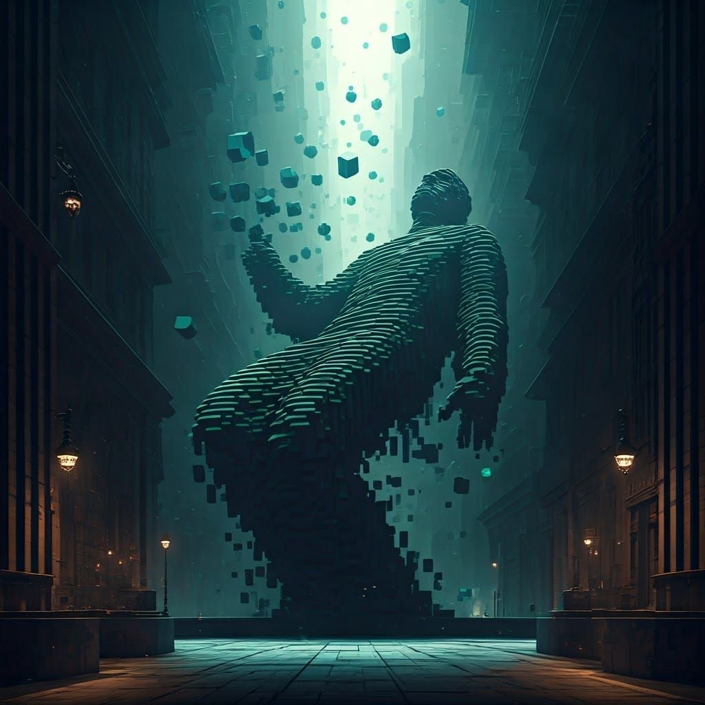 Colossal Cubist Statue Falls into Fantasy City