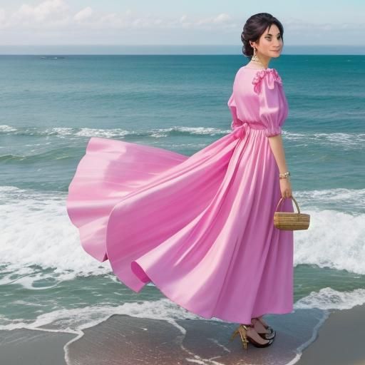 Woman in Pink Silk Dress by the Sea