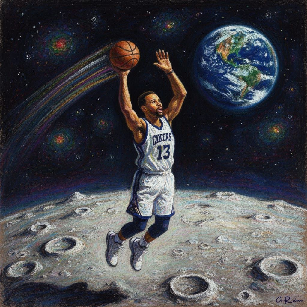 Steph Curry Shoots Basketball From Moon to Earth in Oil Past...