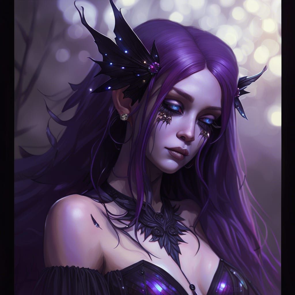Sparkly shimmery gothic Fairy with long purple hair and purple eyes& purple wing& Black Gothic dress& gothic vibes& ethe...