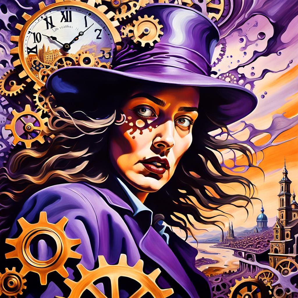 Frantic Woman in Melting Clockwork City: Surreal Oil Paintin...