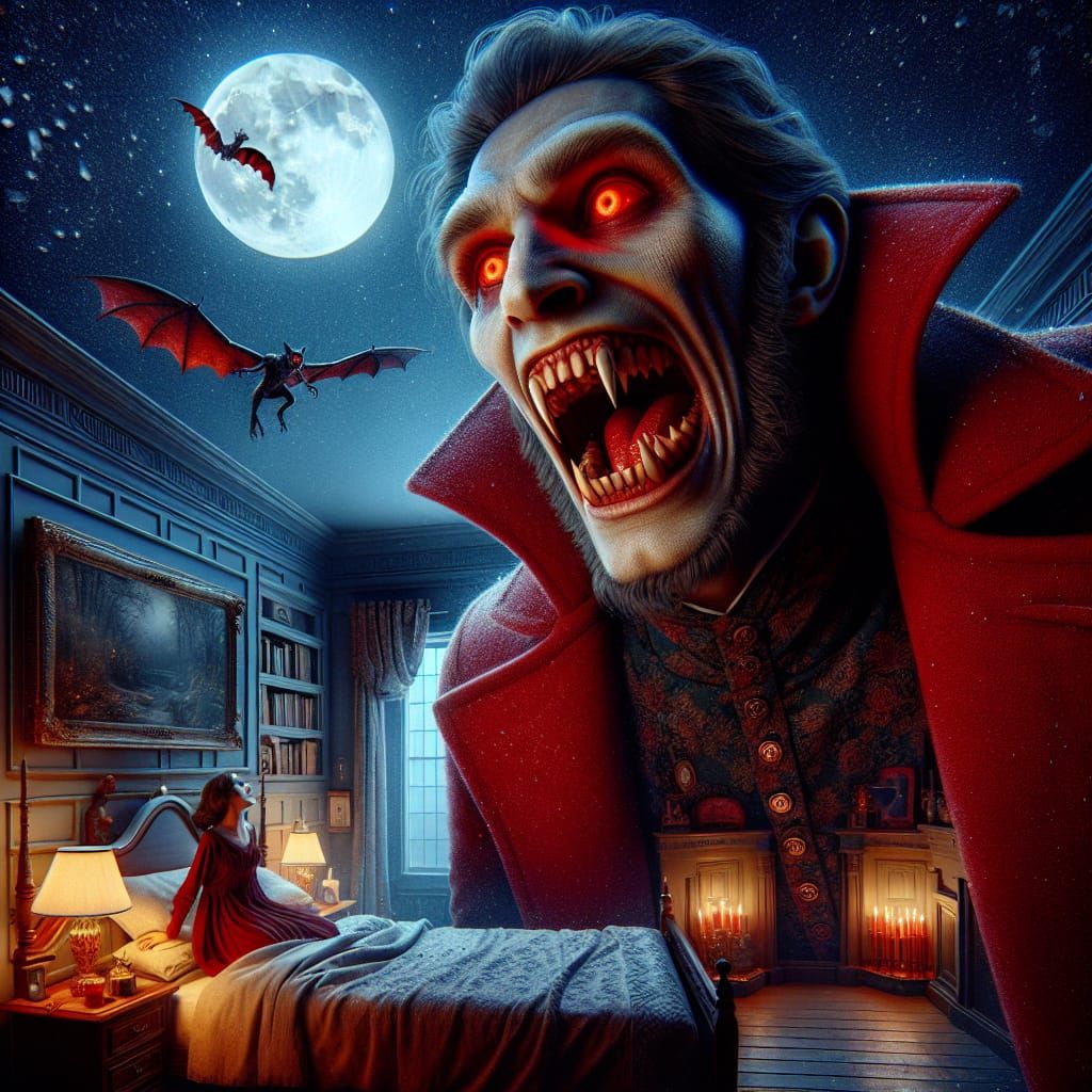 Close up portrait scene of A Tall Vampire with red burning e...