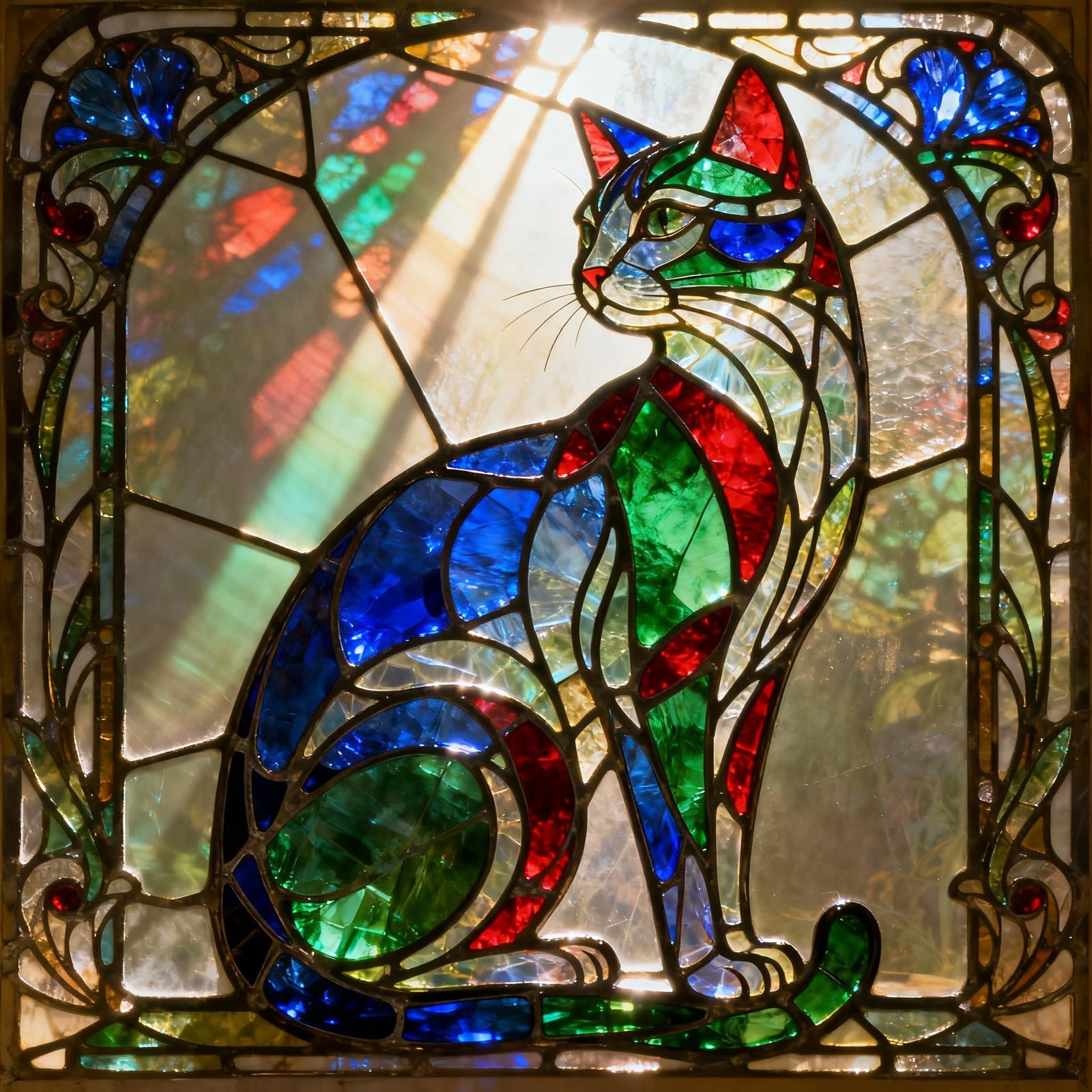 Art Nouveau Stained Glass Cat Bathed in Sunlight