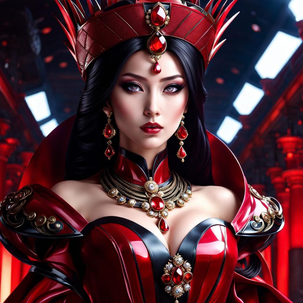 Futuristic Japanese Empress in Red Latex Coat
