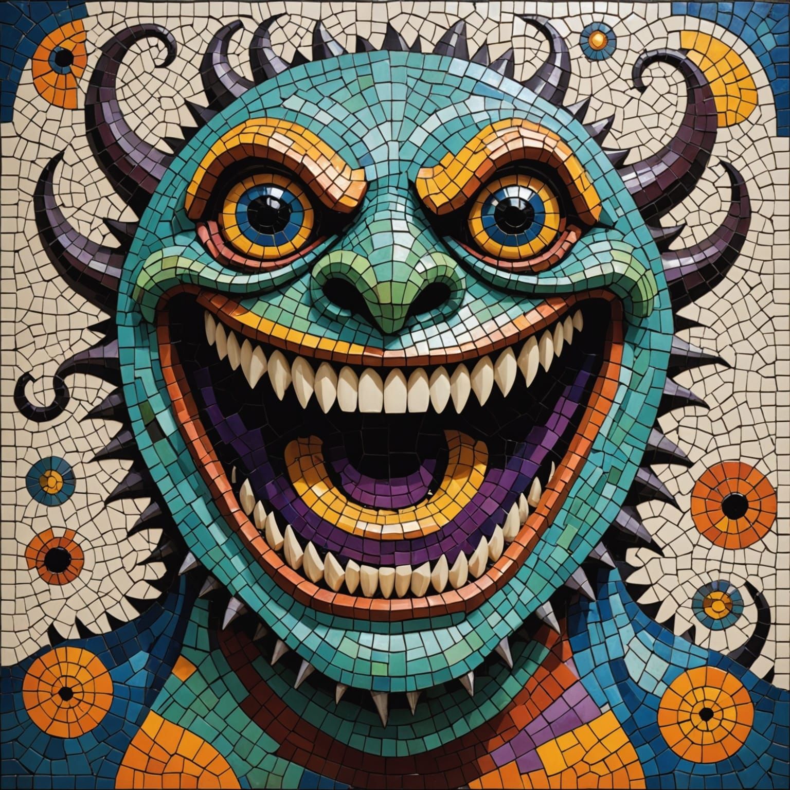 Vibrant Mosaic Portrait of a Grinning Monster