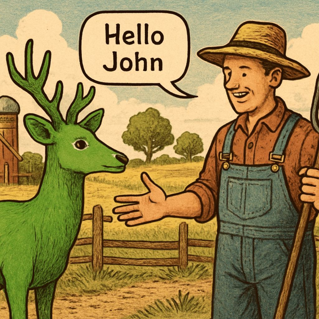 Whimsical Farm Scene with Green Deer