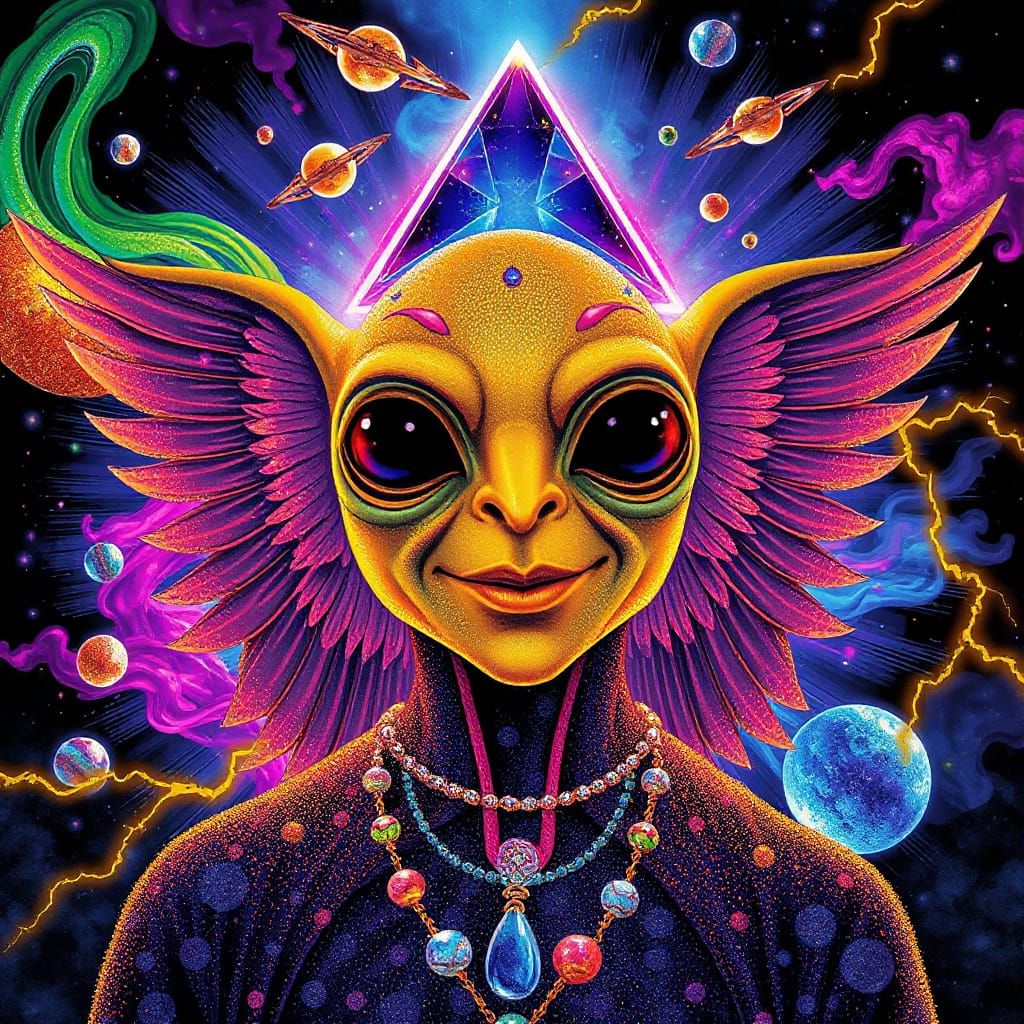 Angelic Avian Alien in Psychedelic Abstract Style