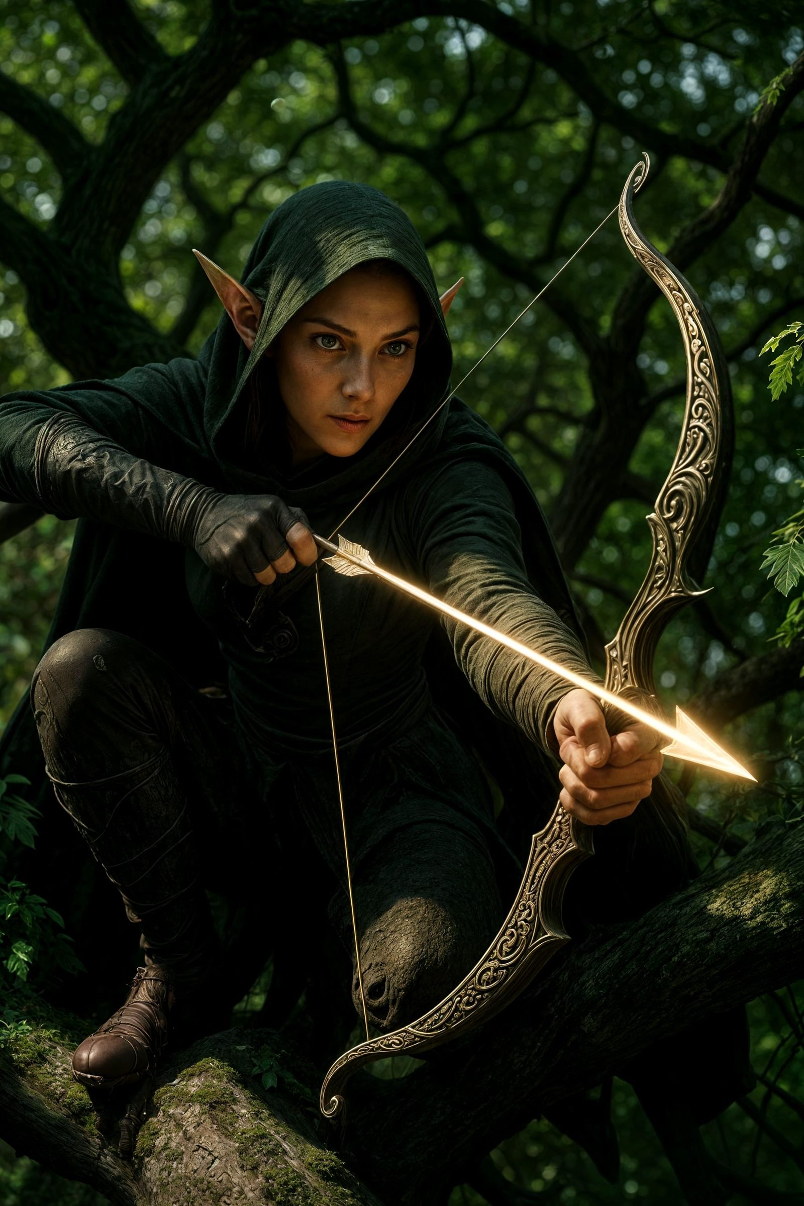 Elven Huntress in Forest Canopy with Light Arrow