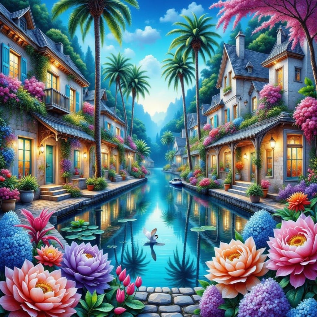 Vibrant Tropical Oasis in Luxurious Ink Style