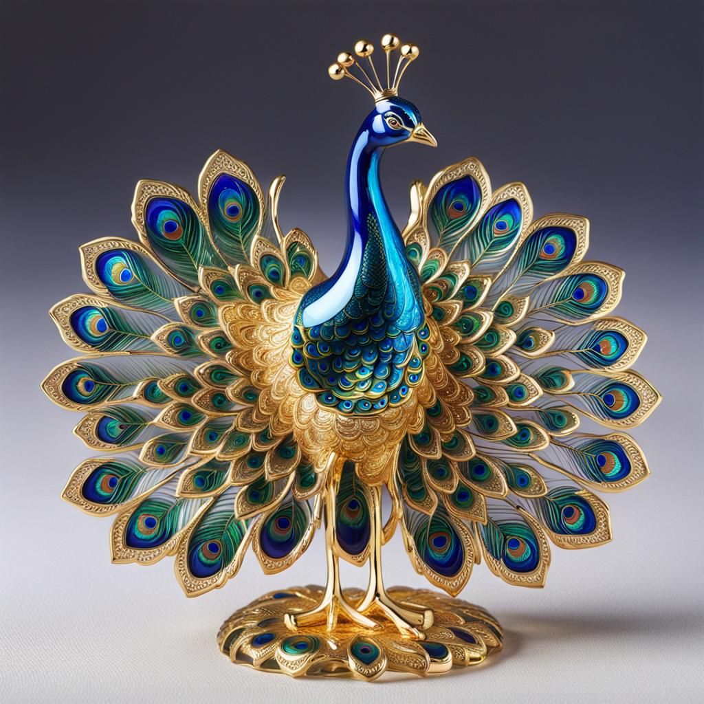 Glass Peacock Figurine with Gold Enamel Detailing