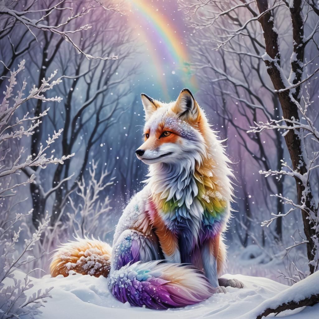 Rainbow Snowy Fox in a Whimsical Fantasy Illustration