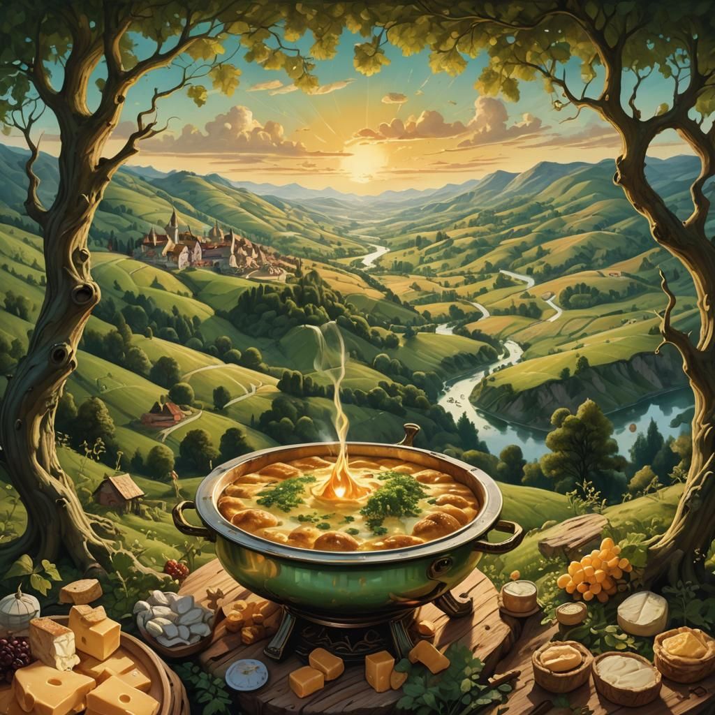 Surreal Cheese Landscape in a Magical Realism Style