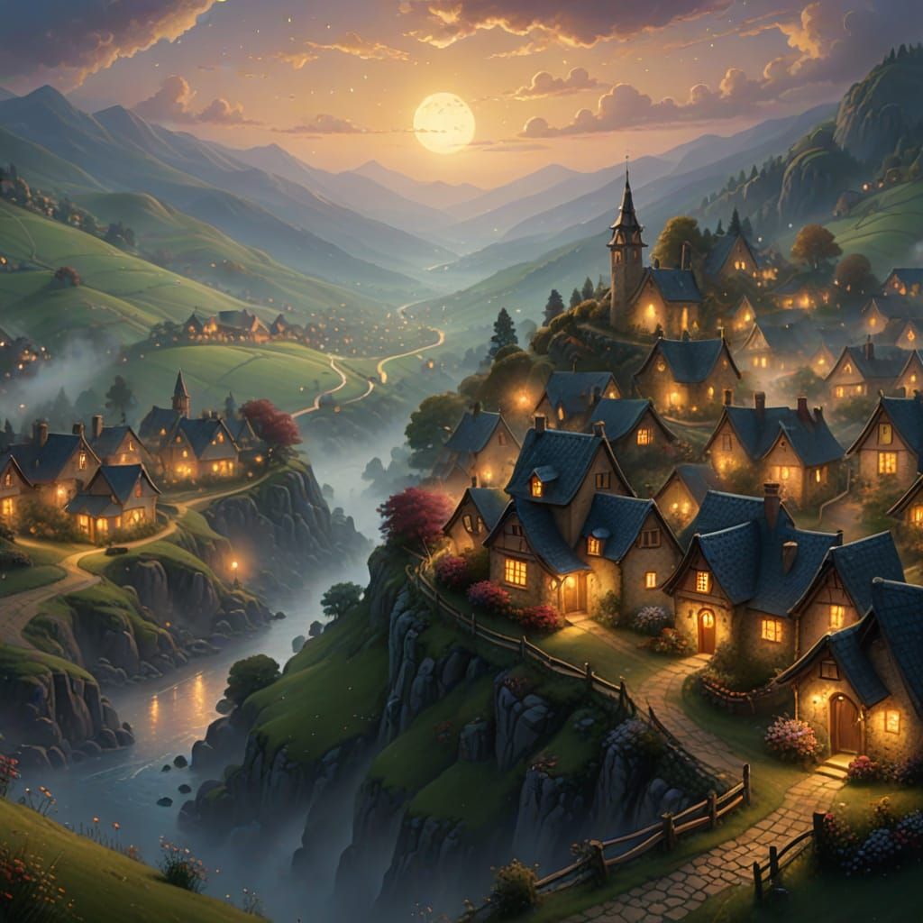 Ethereal Village Under Misty Starry Night Sky