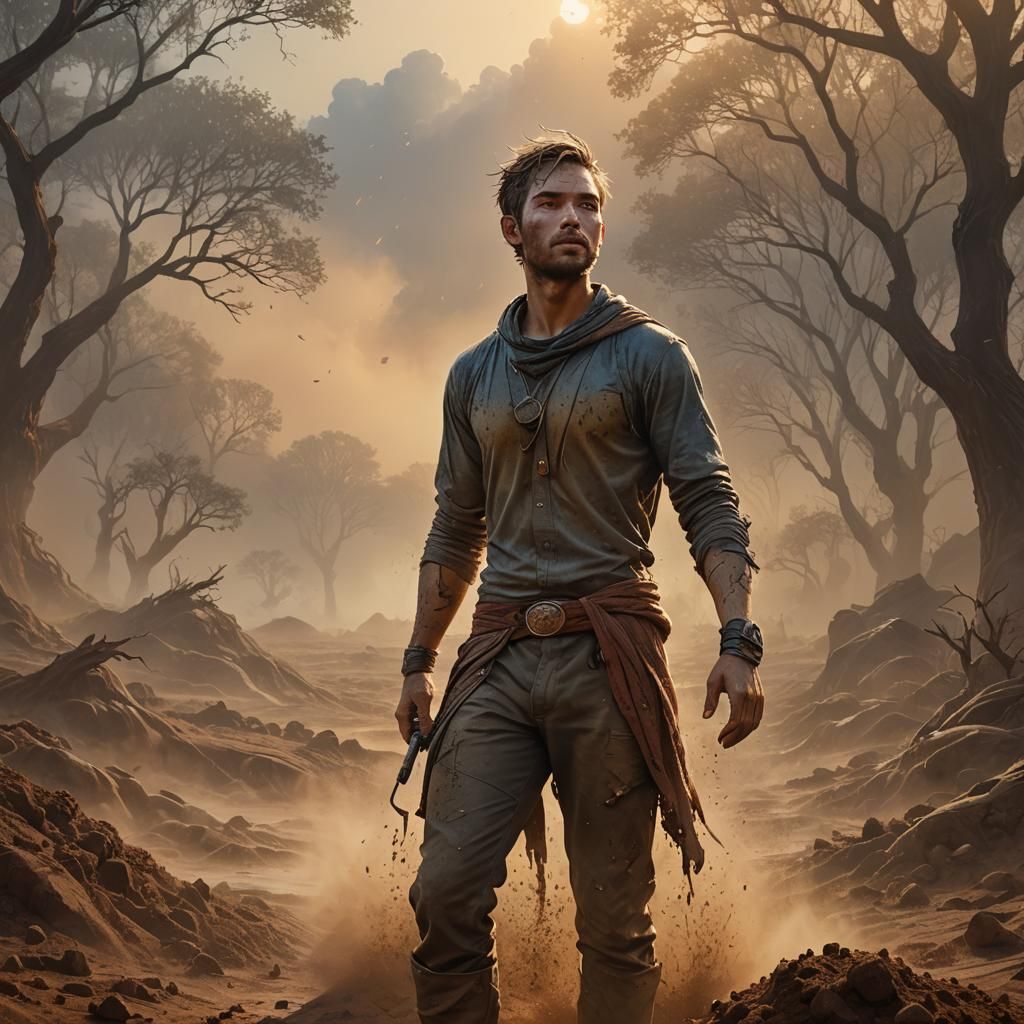 Epic Fantasy: Adam in Misty Dawn Landscape