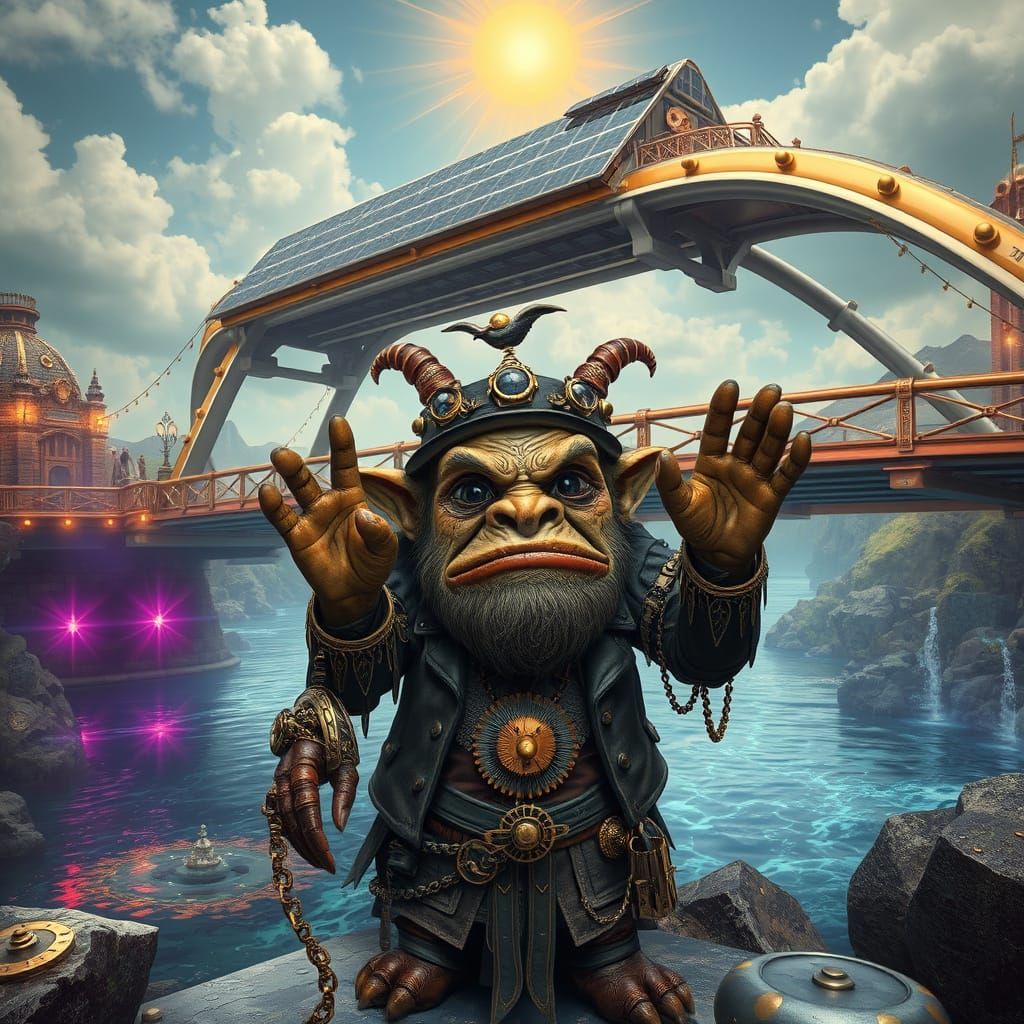 Gothic Steampunk Troll Under Solarpunk Bridge