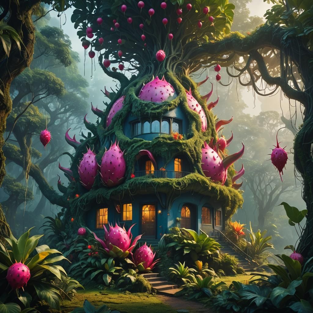 Dragon Fruit House in Misty Forest: Matte Painting