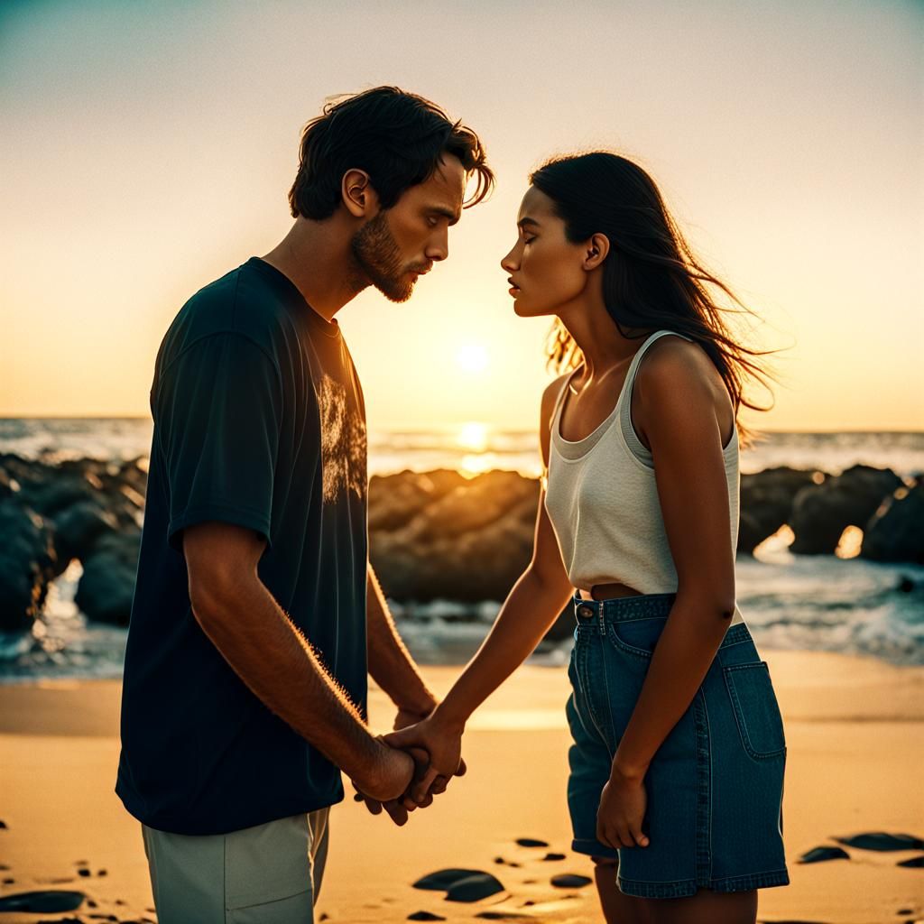 Romantic Sunset Kiss on the Beach: Cinematic Still