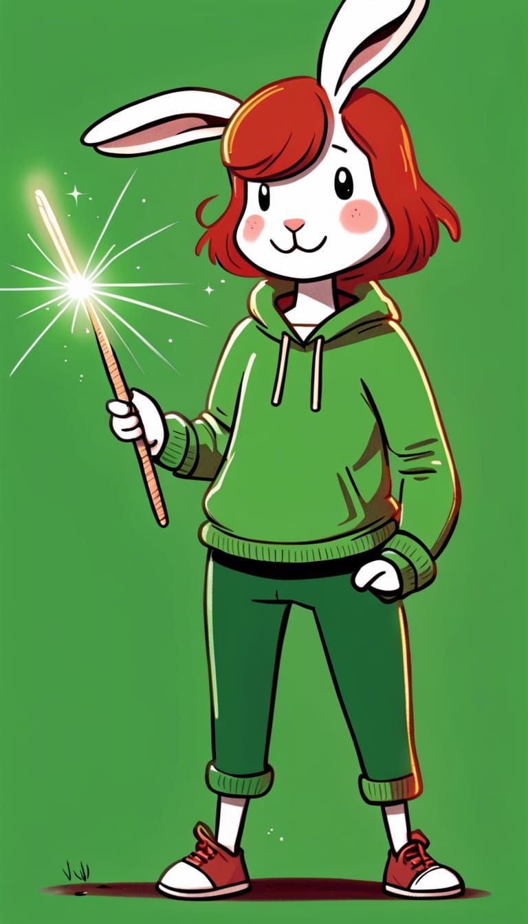 White Rabbit Hero in Cartoon Style with Magic Wand