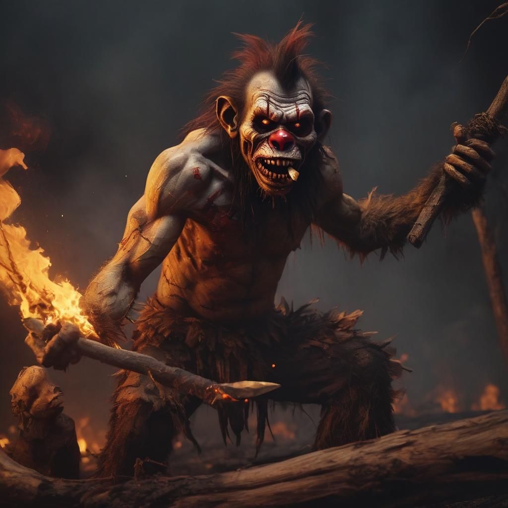 Zombie Monkey Clown Burning in Frazetta Style