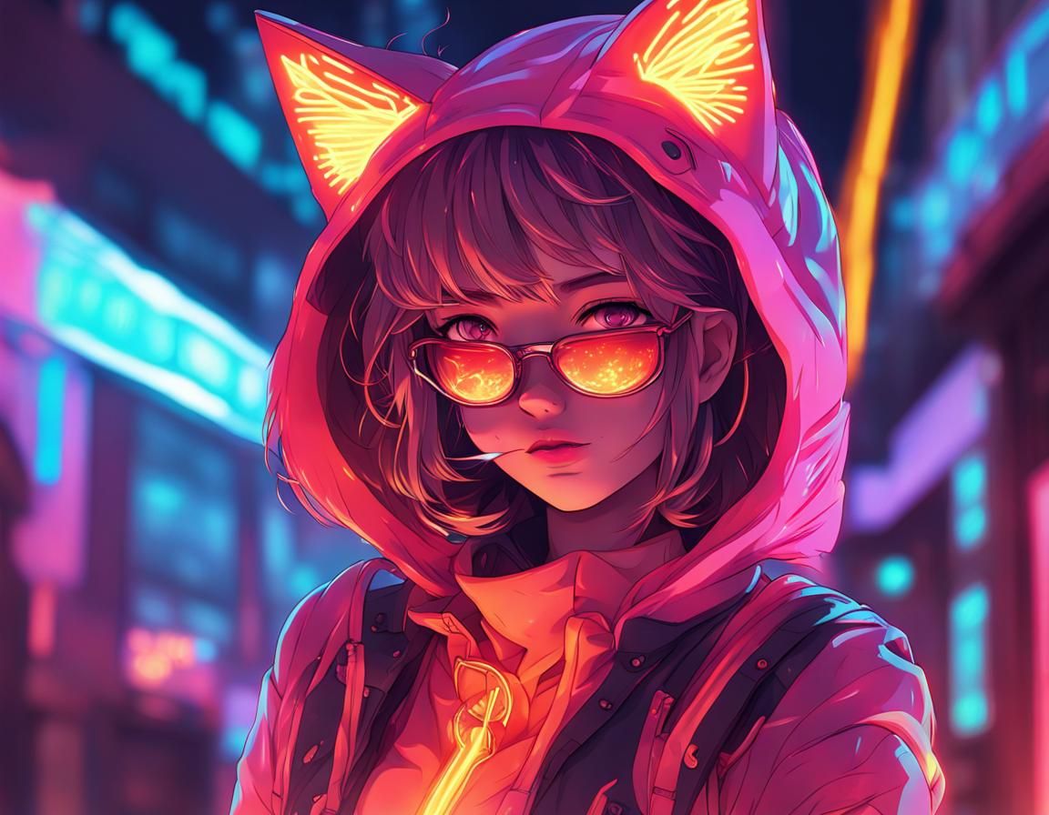 Neon Anime Catgirl in Futuristic Style