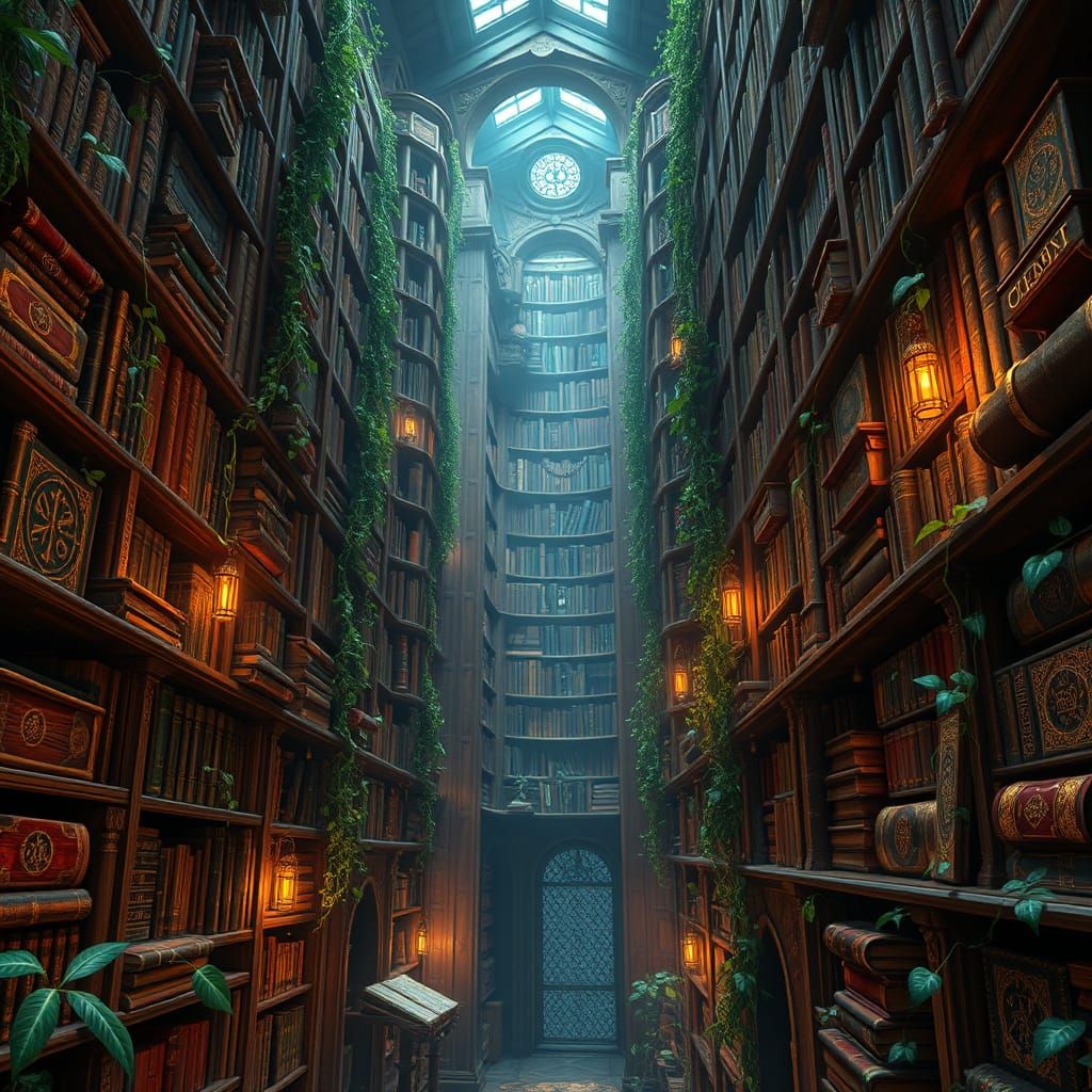 Mystical Library of Ancient Tomes and Vines in Fantasy Conce...