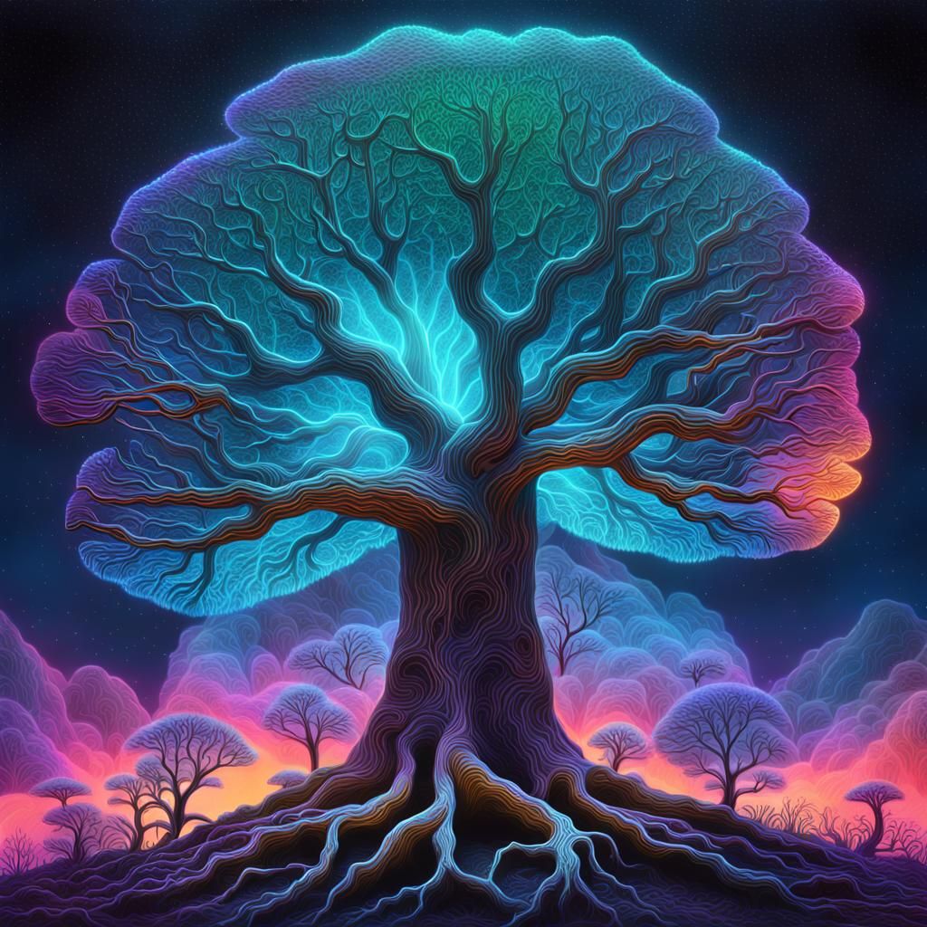 Glowing Tree Layers in Neon Astral Vision