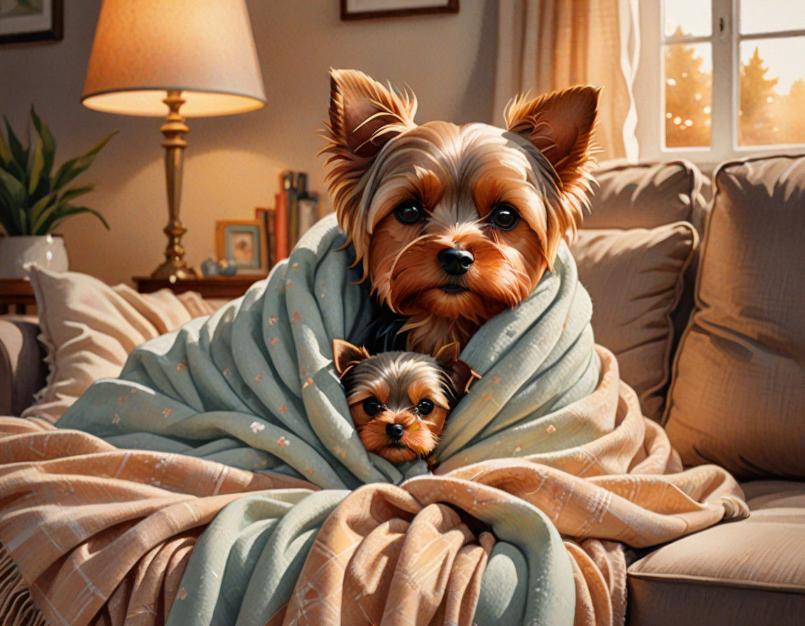 Cozy Redhead Woman and Yorkie Snuggle Up in Warmth
