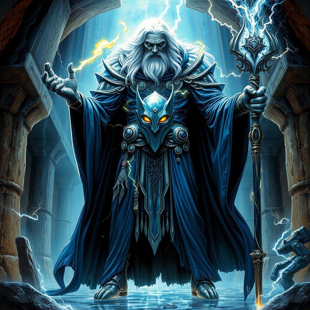 Imposing Figure in Storm-Lit Chamber, Mystical Sci-Fi Art