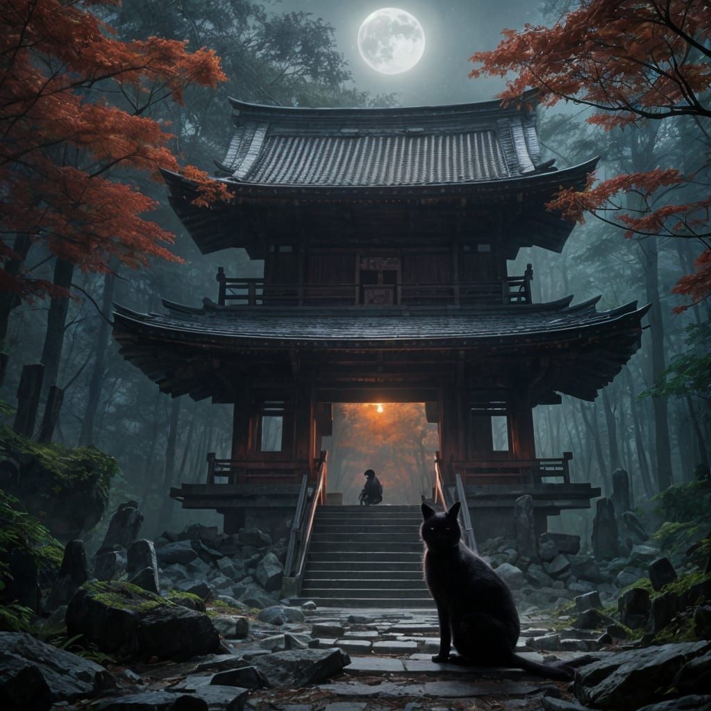 Abandoned Shinto Shrine in Misty Woods: Dark Fantasy Art