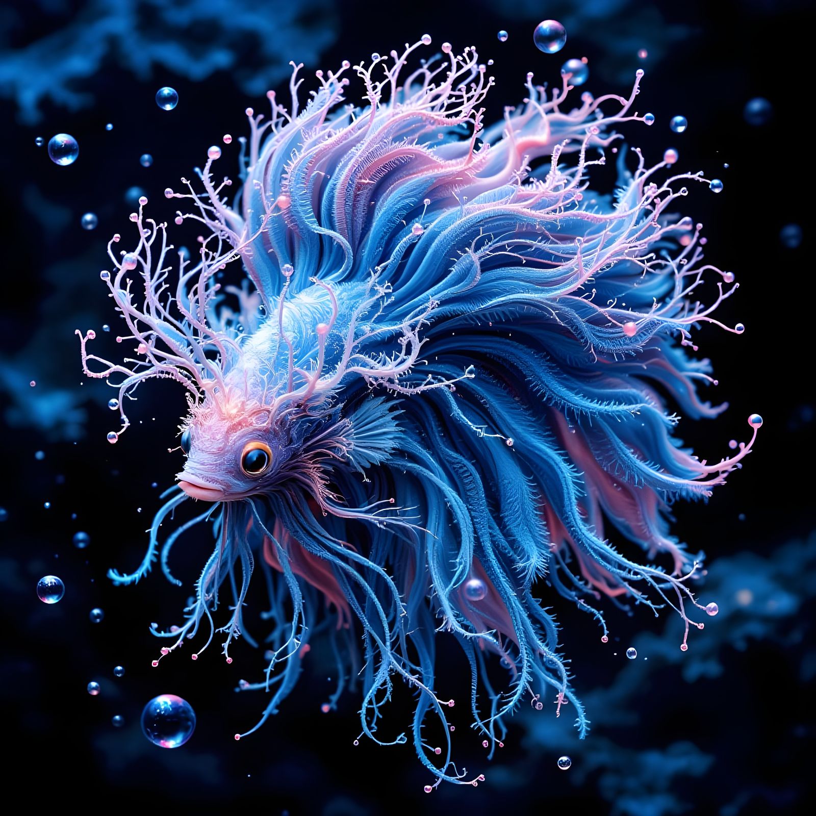 Elegant Cobalt Blue Betta Fish with Intricate Fins and Spark...