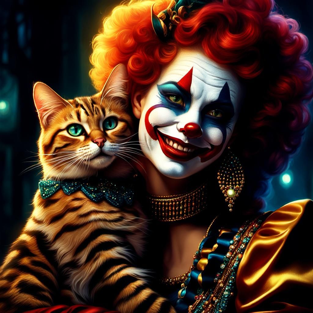 Whimsical Clown Answers Calls with Cat