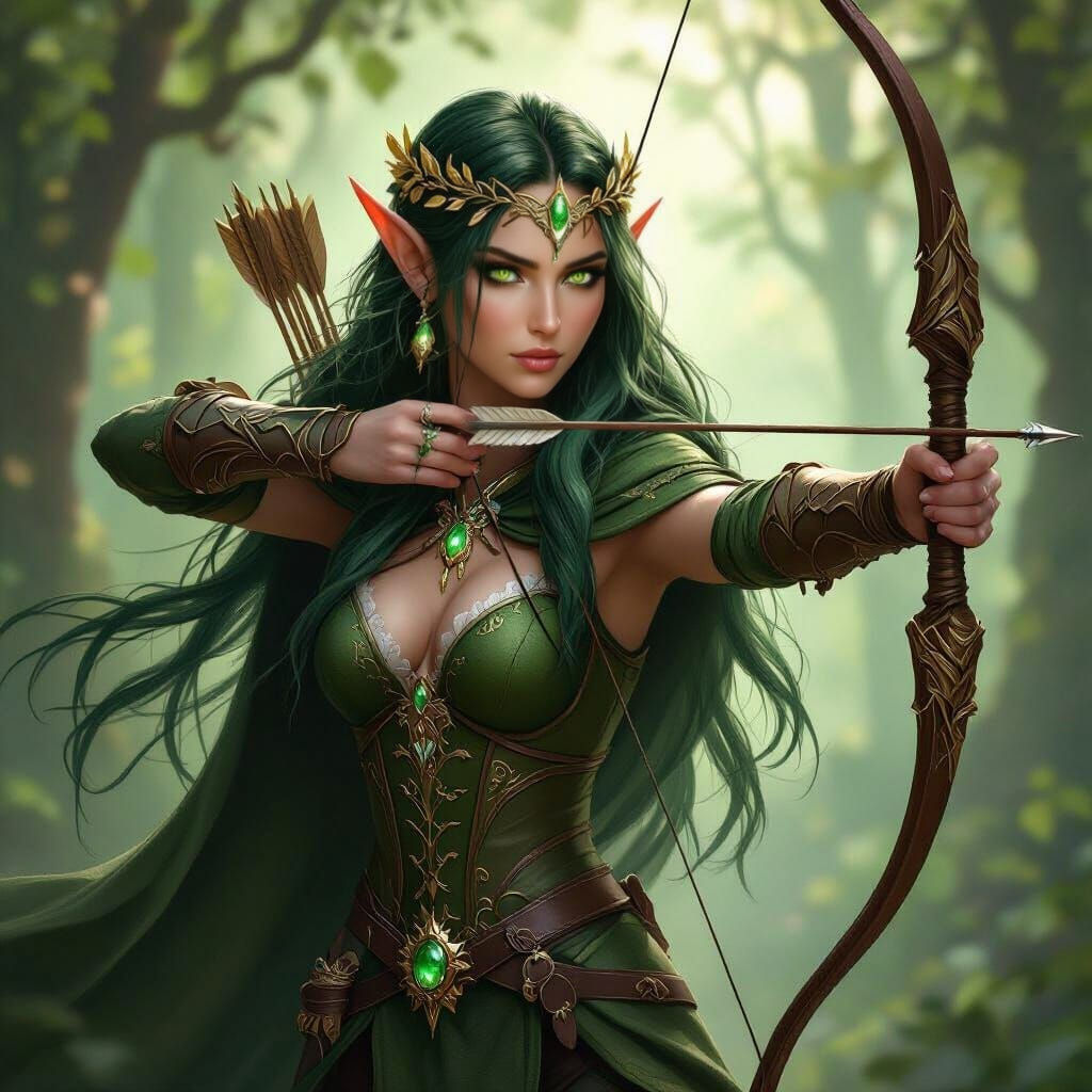 Elegant Elf Ranger in Forest, Fantasy Art