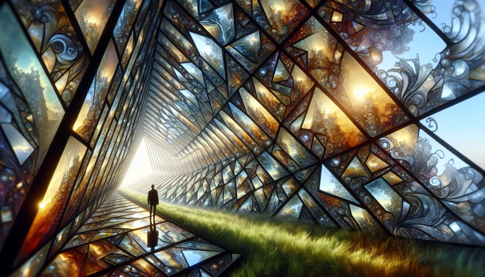 Iridescent Mirrorscape Tunnel with Abstract Silhouette