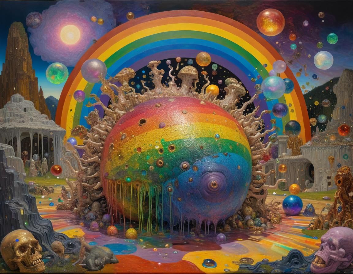 Humorous Maximalist Oil Painting with Rainbow Sheen