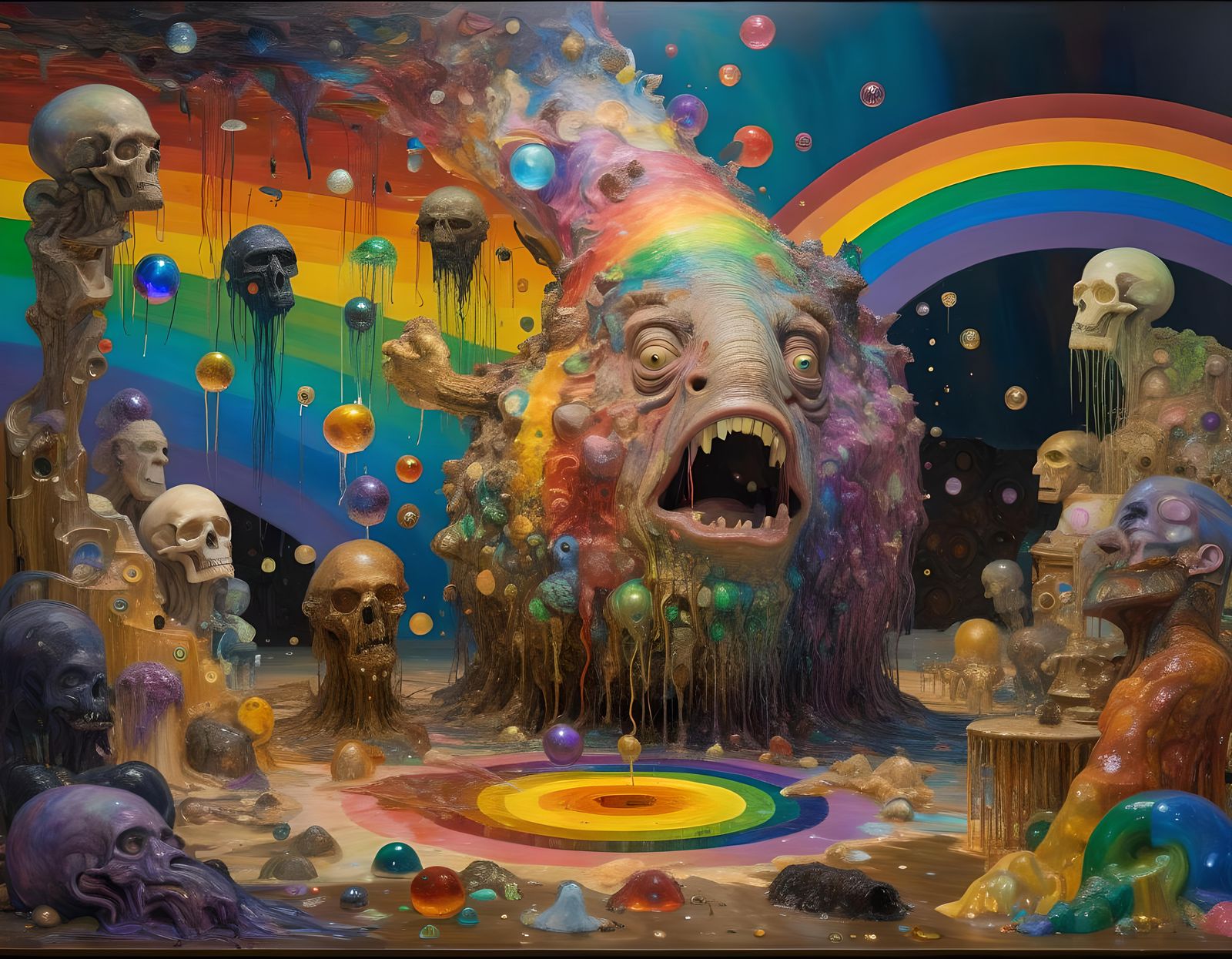 Humorous Maximalist Oil Painting with Rainbow Sheen