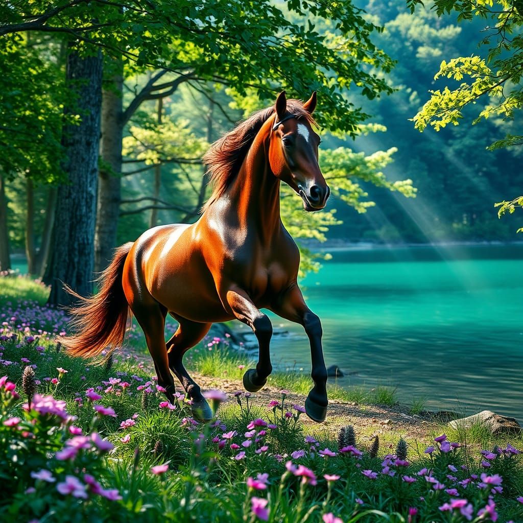 Horse Galloping Through Forest Landscape
