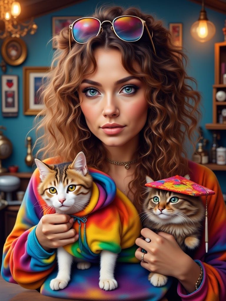Hyperrealistic Hippie Woman with Cats in Galaxy Studio