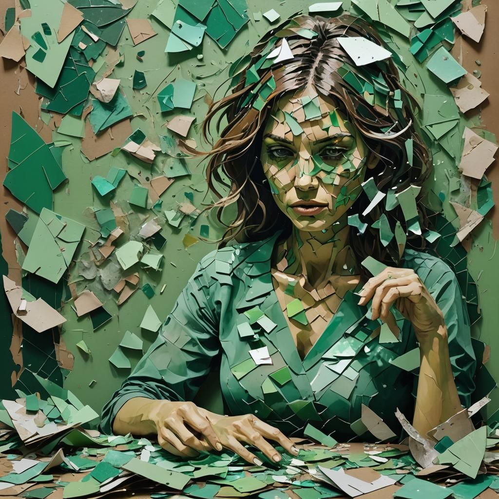 Woman in Green Paper Collage, Expressionist Style