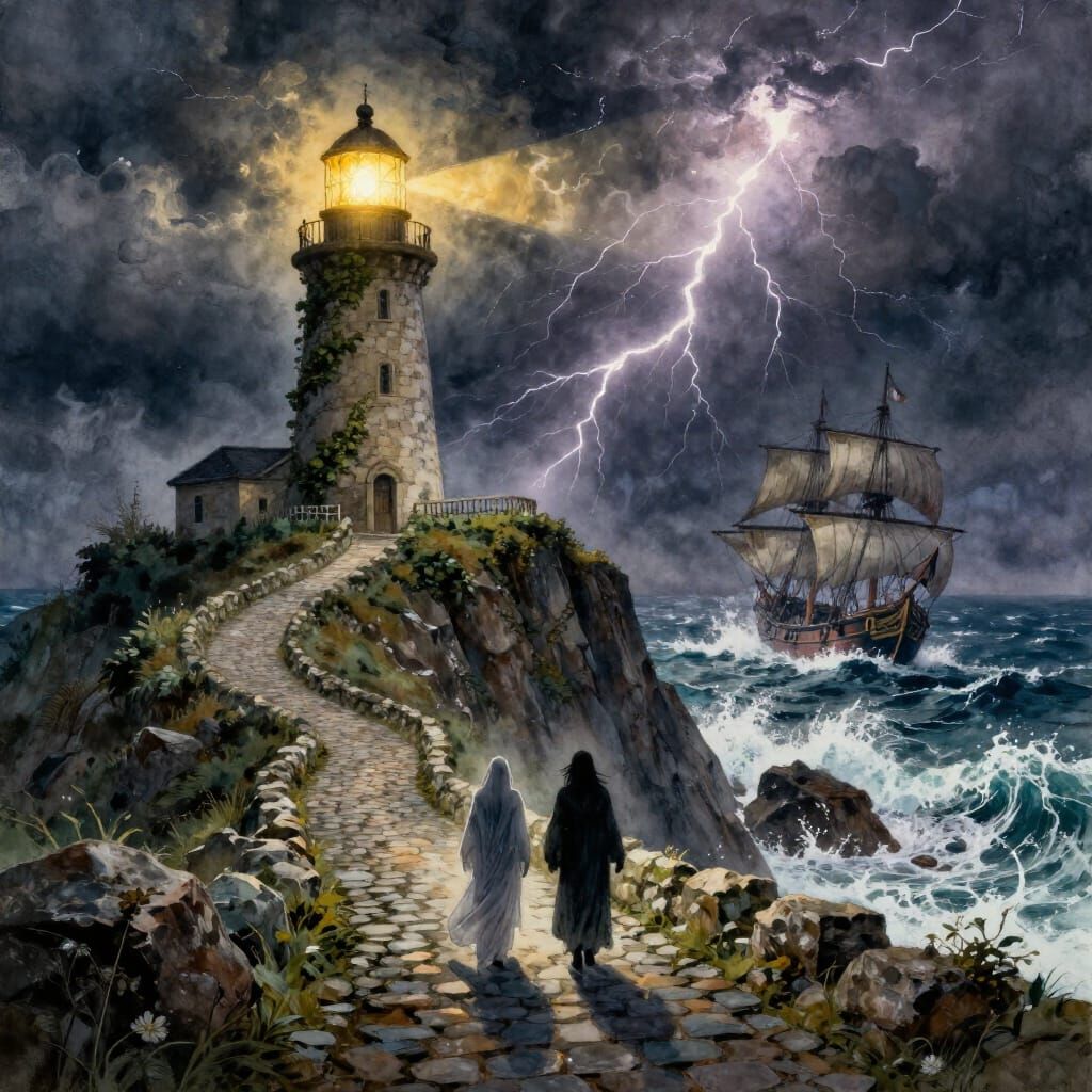 Dramatic Coastal Scene with Lighthouse and Pirate Ship