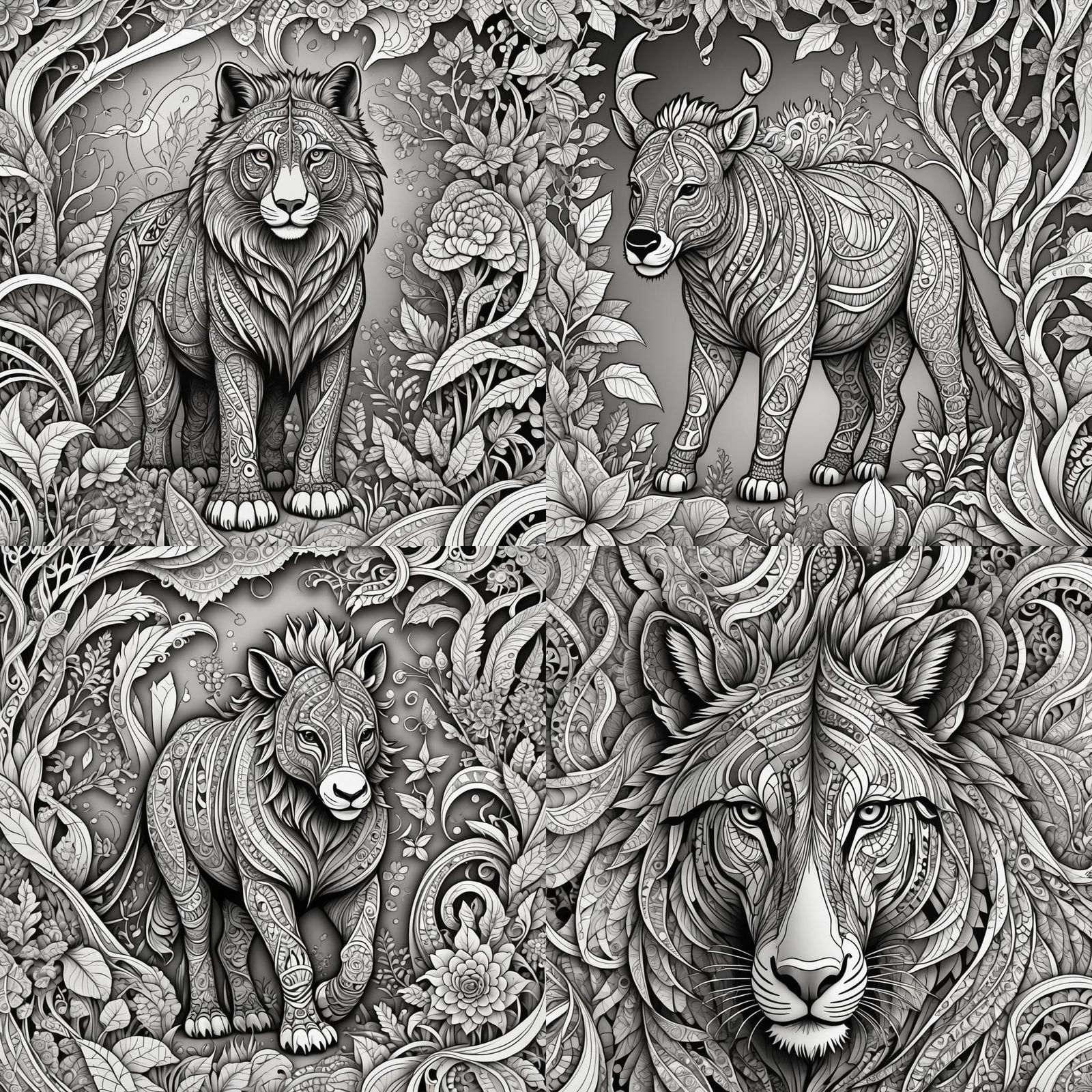 Wild Animals Coloring Page with Abstract Elements