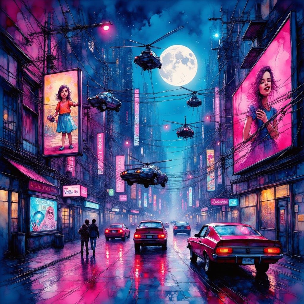 Futuristic Cyberpunk Cityscape with Flying Cars and Neon Lig...