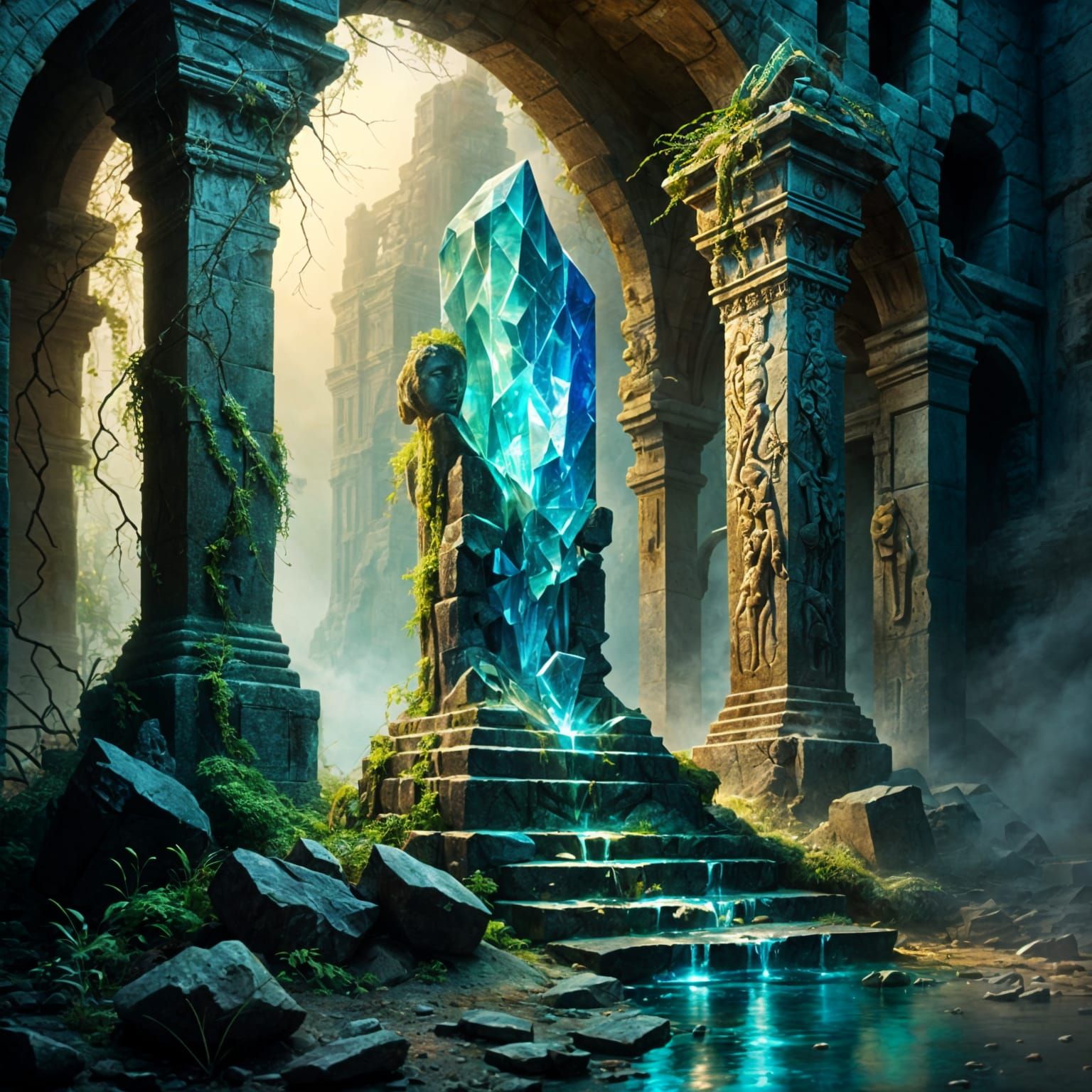 Glowing Crystal on Ancient Pedestal