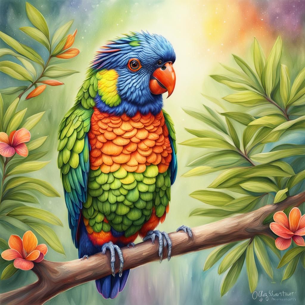 Sparkling Rainbow Lorikeet in Jungle Tree