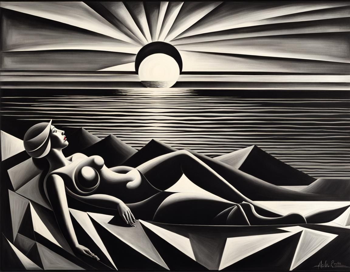 Monochromatic Chalk Art: Woman Sunbathing with Mermaids