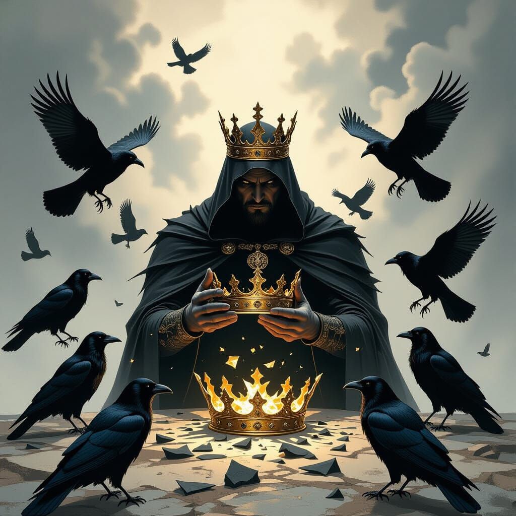 Mysterious King with Shattered Crown, Surrounded by Ravens