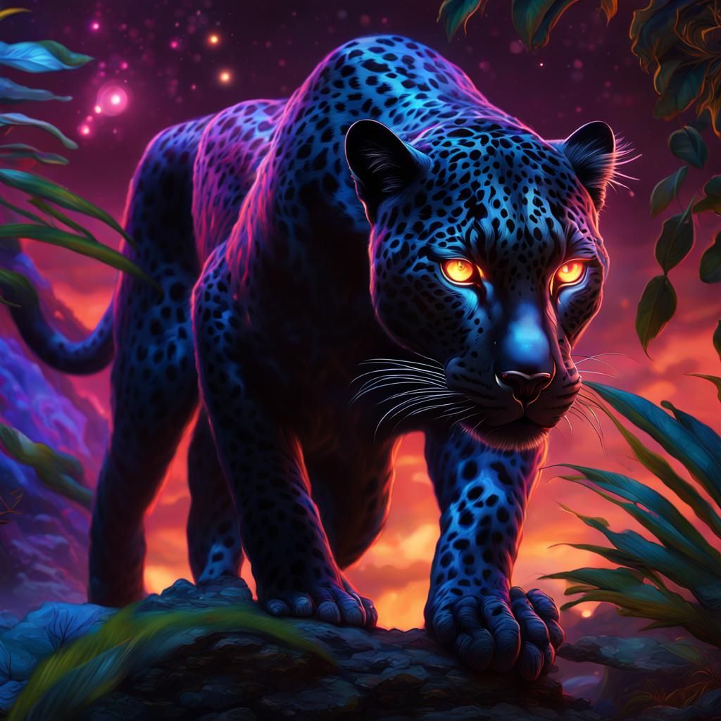 Black Jaguar with Glowing Eyes: Cosmic Illustration